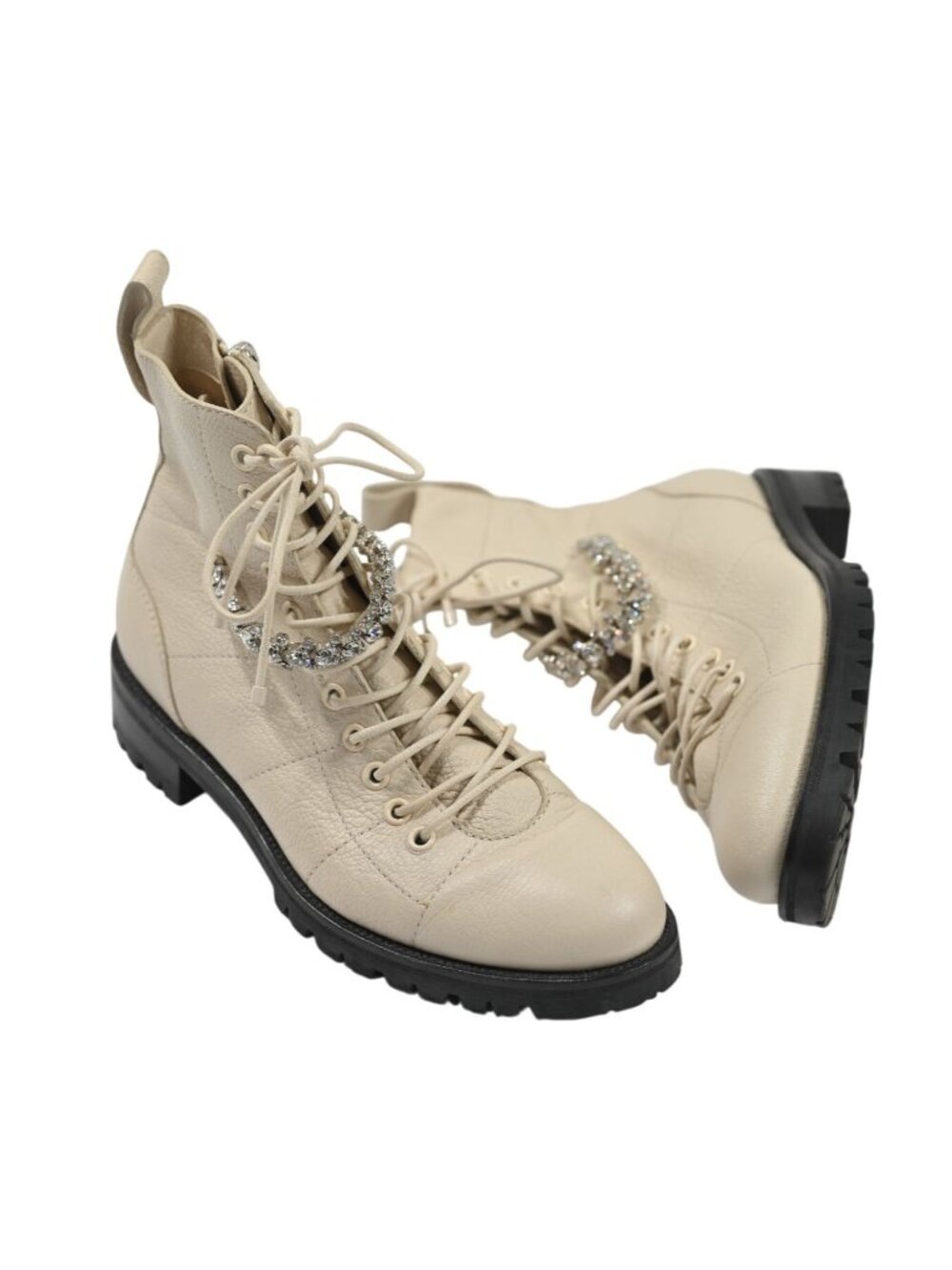 Jimmy Choo Cruz Flat Grained Leather Combat Boots in Ivory